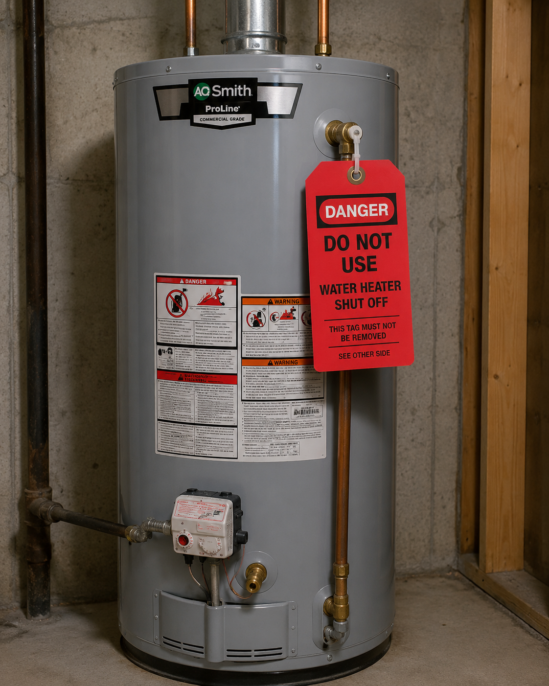 Water heater with red hazard tag